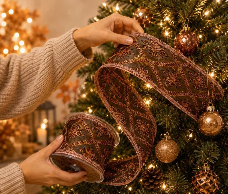 Ruban de Noël brun motifs floraux dorés cuivrés fil de fer intégré largeur 6cm longueur 9m