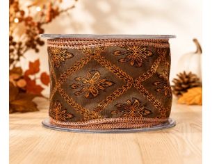 Ruban de Noël brun motifs floraux dorés cuivrés fil de fer intégré largeur 6cm longueur 9m