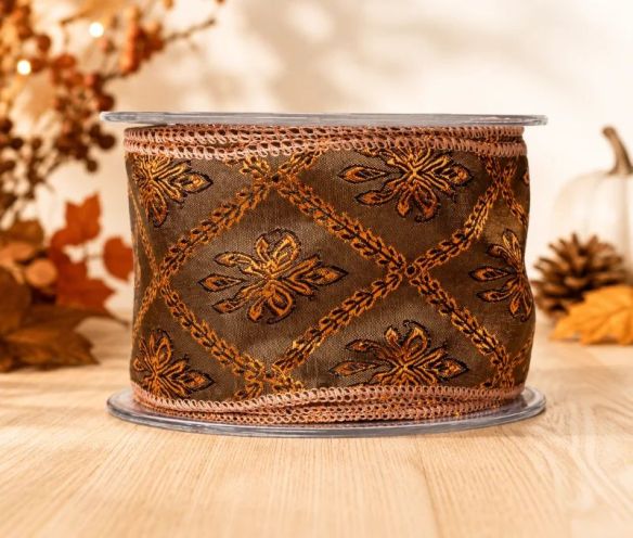 Ruban de Noël brun motifs floraux dorés cuivrés fil de fer intégré largeur 6cm longueur 9m