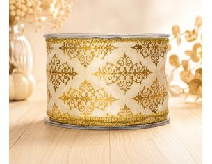 Ruban de Noël blanc motifs dorés féeriques fil de fer intégré largeur 6cm longueur 9m