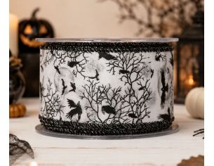 Ruban blanc Halloween motifs corbeaux noirs arbres lune fil de fer intégré largeur 7cm longueur 9m