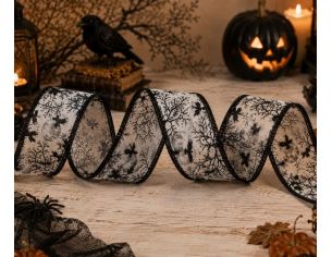 Ruban blanc Halloween motifs corbeaux noirs arbres lune fil de fer intégré largeur 7cm longueur 9m