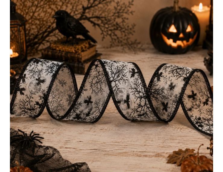 Ruban blanc Halloween motifs corbeaux noirs arbres lune fil de fer intégré largeur 7cm longueur 9m
