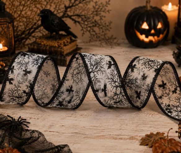 Ruban blanc Halloween motifs corbeaux noirs arbres lune fil de fer intégré largeur 7cm longueur 9m