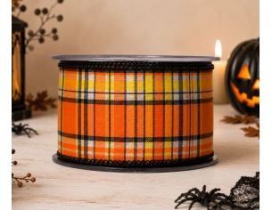 Ruban Halloween motif tartan damier orange noir blanc jaune fil de fer intégré largeur 7cm longueur 9m