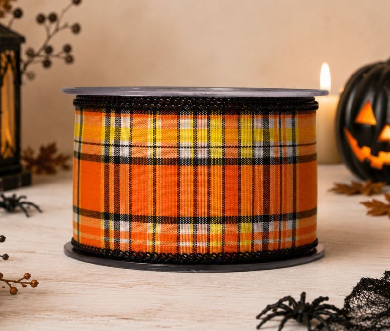 Ruban Halloween motif tartan damier orange noir blanc jaune fil de fer intégré largeur 7cm longueur 9m