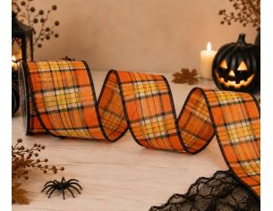 Ruban Halloween motif tartan damier orange noir blanc jaune fil de fer intégré largeur 7cm longueur 9m