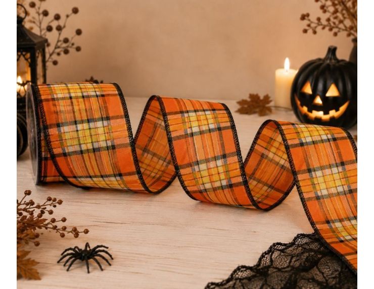 Ruban Halloween motif tartan damier orange noir blanc jaune fil de fer intégré largeur 7cm longueur 9m