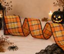 Voir la slide Ruban Halloween motif tartan damier orange noir blanc jaune fil de fer intégré largeur 7cm longueur 9m