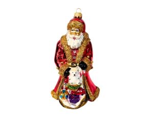 Suspension Père Noël en verre soufflé peint à la main brillant rouge manteau doré paillettes ours blanc cadeaux H18cm