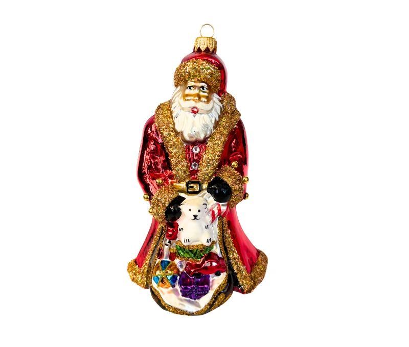 Suspension Père Noël en verre soufflé peint à la main brillant rouge manteau doré paillettes ours blanc cadeaux H18cm