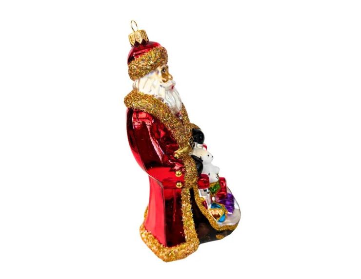 Suspension Père Noël en verre soufflé peint à la main brillant rouge manteau doré paillettes ours blanc cadeaux H18cm