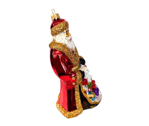 Suspension Père Noël en verre soufflé peint à la main brillant rouge manteau doré paillettes ours blanc cadeaux H18cm