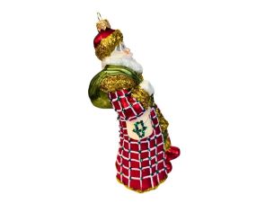 Suspension Père Noël verre soufflé peint à la main manteau rouge carreaux dorés paillettes sac vert panier H18cm