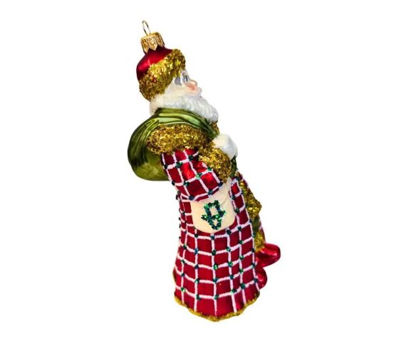 Suspension Père Noël verre soufflé peint à la main manteau rouge carreaux dorés paillettes sac vert panier H18cm