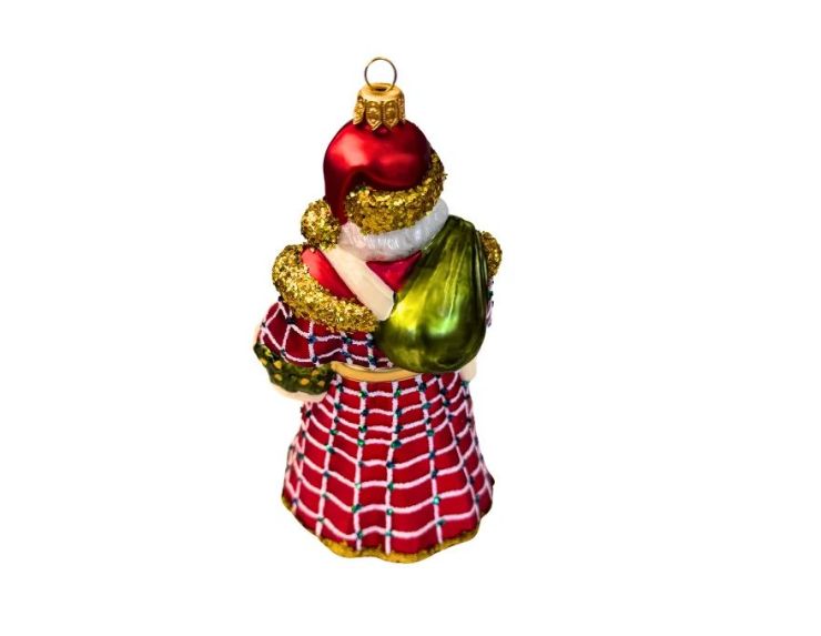 Suspension Père Noël verre soufflé peint à la main manteau rouge carreaux dorés paillettes sac vert panier H18cm