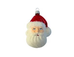 Suspension tête de Père Noël en verre soufflé peinte à la main bonnet rouge barbe blanche pailletée yeux bleus H9cm