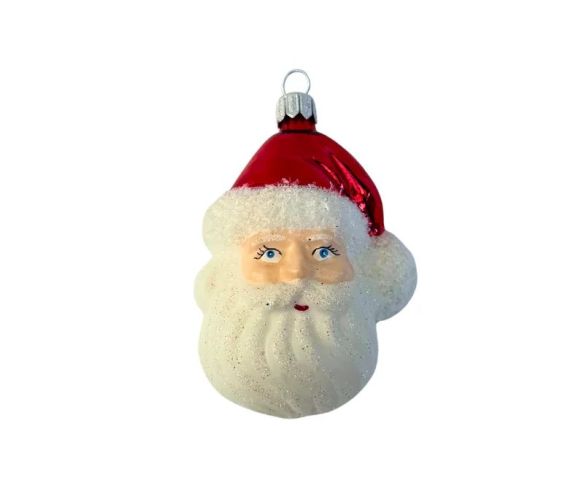 Suspension tête de Père Noël en verre soufflé peinte à la main bonnet rouge barbe blanche pailletée yeux bleus H9cm
