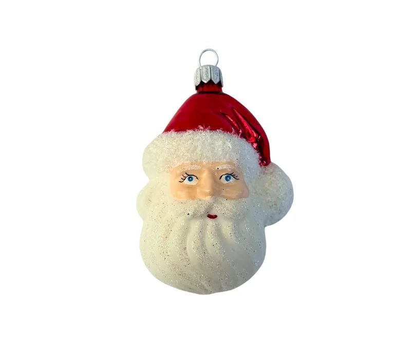 Suspension tête de Père Noël en verre soufflé peinte à la main bonnet rouge barbe blanche pailletée yeux bleus H9cm