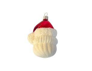 Suspension tête de Père Noël en verre soufflé peinte à la main bonnet rouge barbe blanche pailletée yeux bleus H9cm