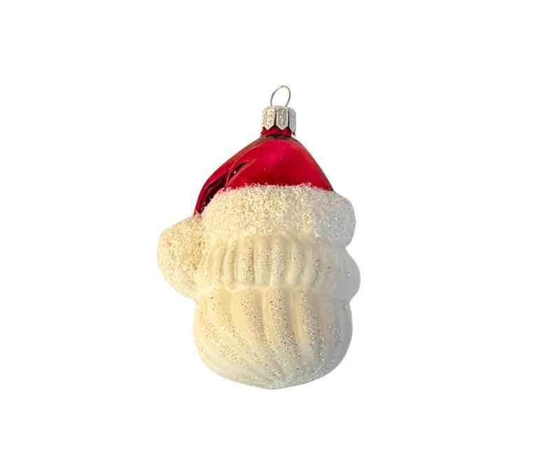 Suspension tête de Père Noël en verre soufflé peinte à la main bonnet rouge barbe blanche pailletée yeux bleus H9cm