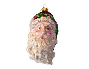 Grande suspension tête de Père Noël verre soufflé peinte à la main couronne de houx vert rouge barbe blanche pailletée H18cm