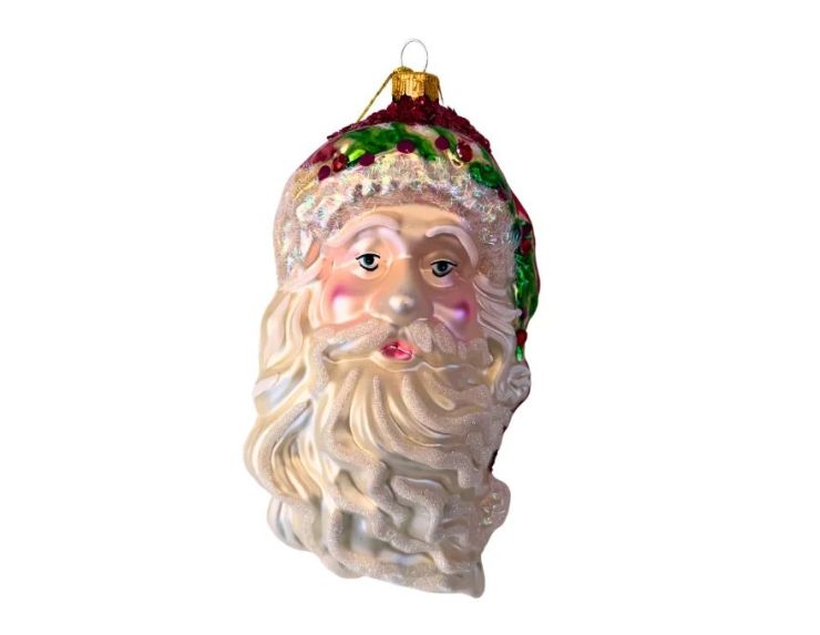Grande suspension tête de Père Noël verre soufflé peinte à la main couronne de houx vert rouge barbe blanche pailletée H18cm