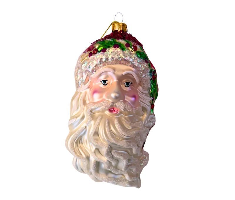 Grande suspension tête de Père Noël verre soufflé peinte à la main couronne de houx vert rouge barbe blanche pailletée H18cm