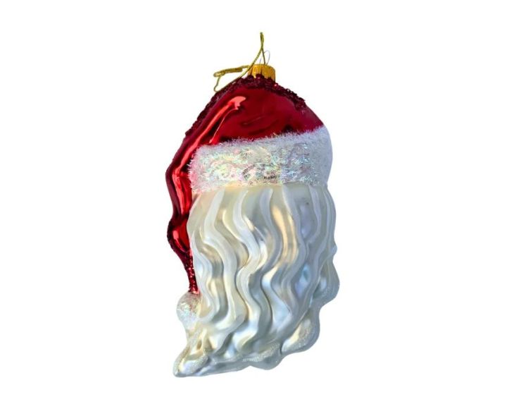 Grande suspension tête de Père Noël verre soufflé peinte à la main couronne de houx vert rouge barbe blanche pailletée H18cm