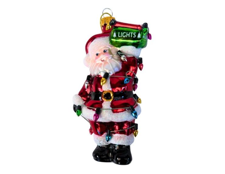 Suspension Père Noël en verre soufflé peint à la main enrubanné de guirlandes lumineuses multicolores panneau Lights H14cm