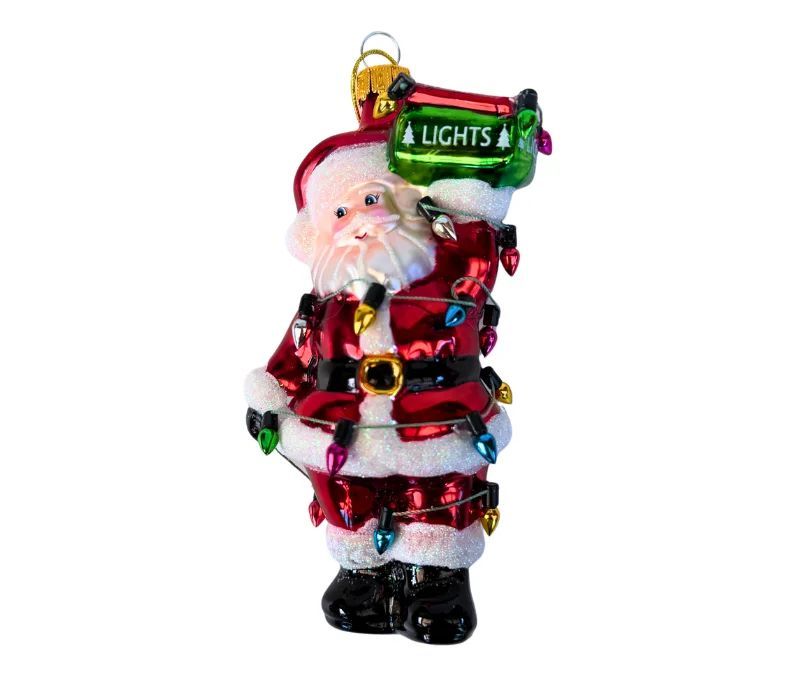 Suspension Père Noël en verre soufflé peint à la main enrubanné de guirlandes lumineuses multicolores panneau Lights H14cm