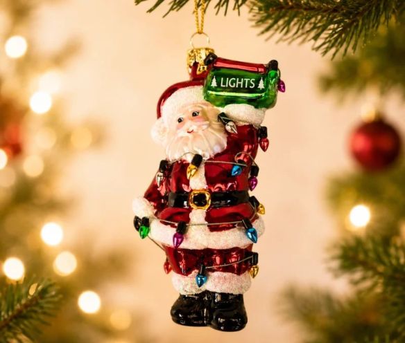 Suspension Père Noël en verre soufflé peint à la main enrubanné de guirlandes lumineuses multicolores panneau Lights H14cm