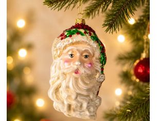 Grande suspension tête de Père Noël verre soufflé peinte à la main couronne de houx vert rouge barbe blanche pailletée H18cm