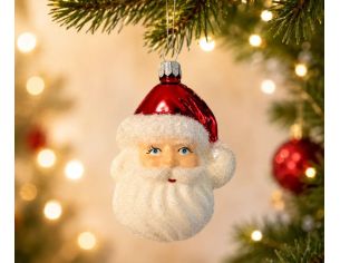 Suspension tête de Père Noël en verre soufflé peinte à la main bonnet rouge barbe blanche pailletée yeux bleus H9cm