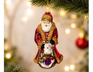 Suspension Père Noël en verre soufflé peint à la main brillant rouge manteau doré paillettes ours blanc cadeaux H18cm