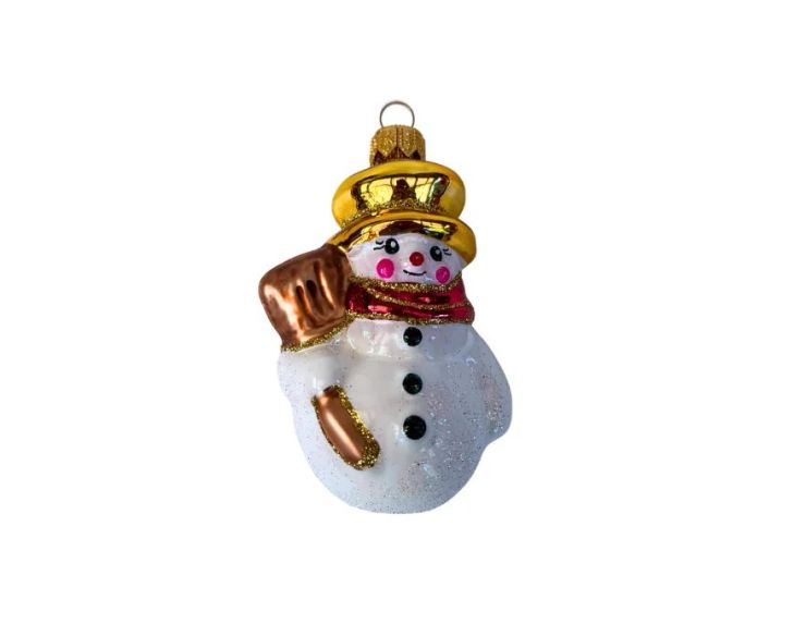 Suspension bonhomme de neige verre soufflé peint à la main chapeau doré écharpe rouge balai corps blanc pailleté H9cm