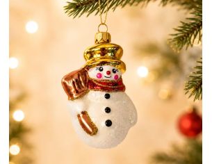 Suspension bonhomme de neige verre soufflé peint à la main chapeau doré écharpe rouge balai corps blanc pailleté H9cm