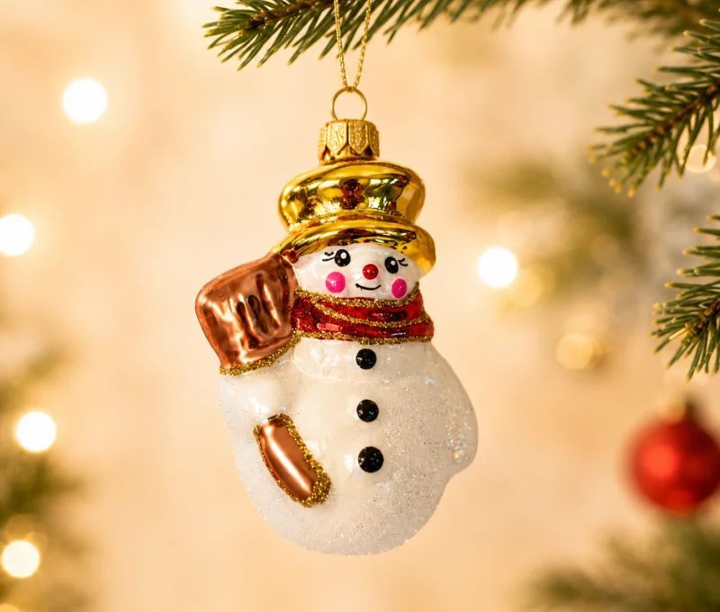 Suspension bonhomme de neige verre soufflé peint à la main chapeau doré écharpe rouge balai corps blanc pailleté H9cm
