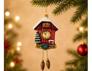 Suspension horloge coucou de Noël verre soufflé peint à la main rouge doré sapin enneigé pendentifs pommes de pin H20cm