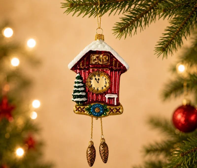 Suspension horloge coucou de Noël verre soufflé peint à la main rouge doré sapin enneigé pendentifs pommes de pin H20cm
