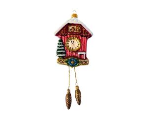 Suspension horloge coucou de Noël verre soufflé peint à la main rouge doré sapin enneigé pendentifs pommes de pin H20cm