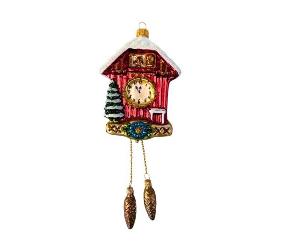 Suspension horloge coucou de Noël verre soufflé peint à la main rouge doré sapin enneigé pendentifs pommes de pin H20cm