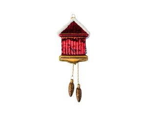Suspension horloge coucou de Noël verre soufflé peint à la main rouge doré sapin enneigé pendentifs pommes de pin H20cm