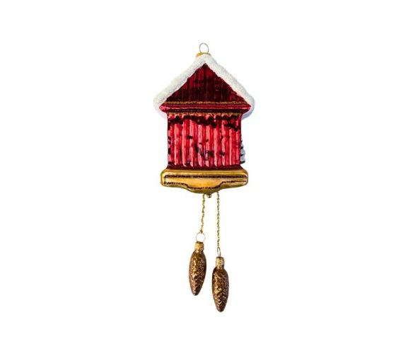 Suspension horloge coucou de Noël verre soufflé peint à la main rouge doré sapin enneigé pendentifs pommes de pin H20cm