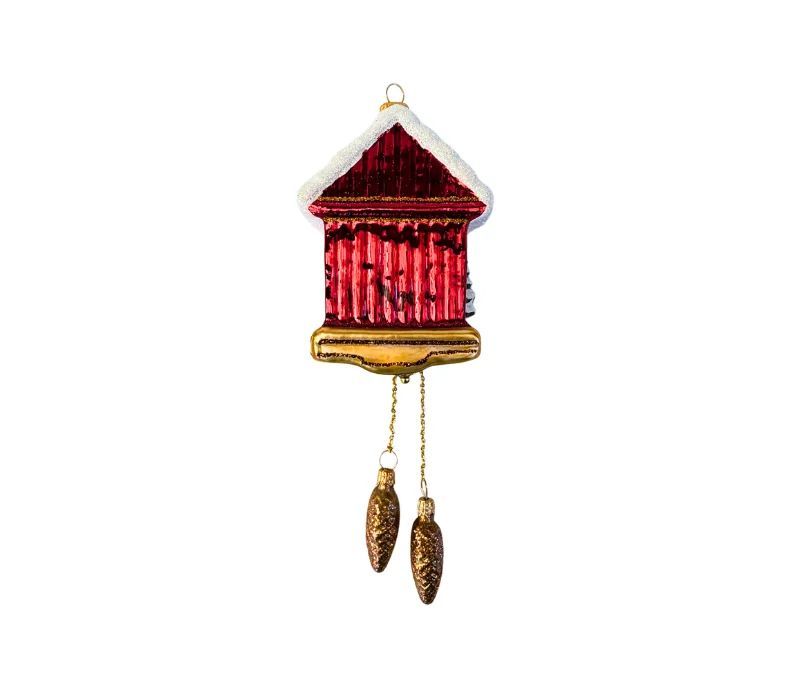 Suspension horloge coucou de Noël verre soufflé peint à la main rouge doré sapin enneigé pendentifs pommes de pin H20cm