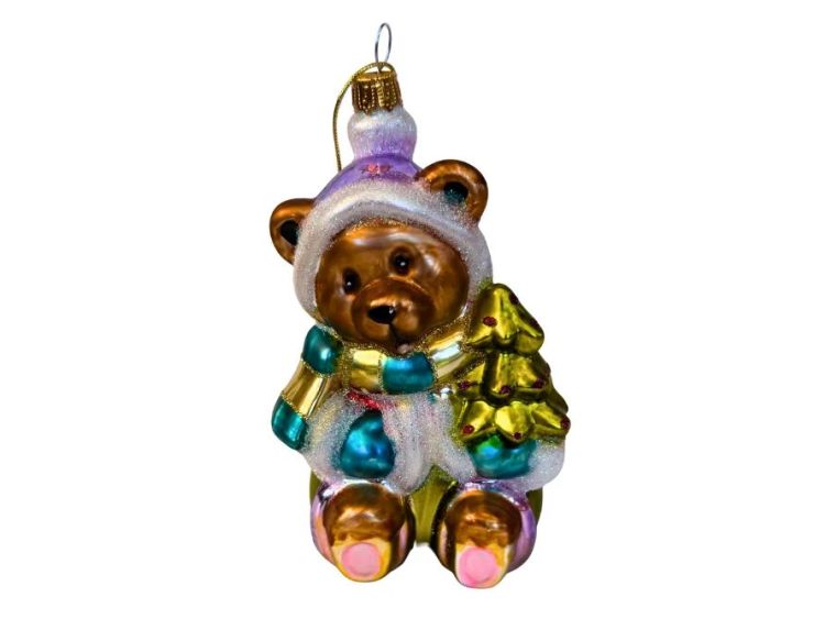 Suspension ourson brun verre soufflé peint à la main bonnet mauve écharpe turquoise sapin doré pailleté H14cm