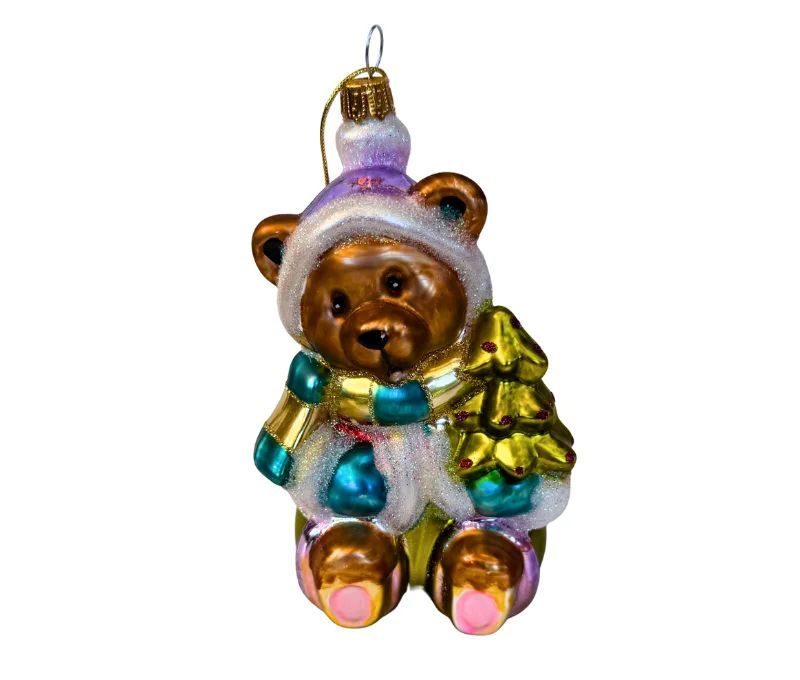 Suspension ourson brun verre soufflé peint à la main bonnet mauve écharpe turquoise sapin doré pailleté H14cm