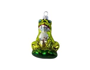 Suspension grenouille verte brillante assise nénuphar verre soufflé peint à la main yeux turquoise ventre argenté H8cm