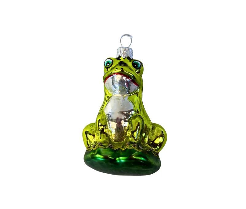 Suspension grenouille verte brillante assise nénuphar verre soufflé peint à la main yeux turquoise ventre argenté H8cm