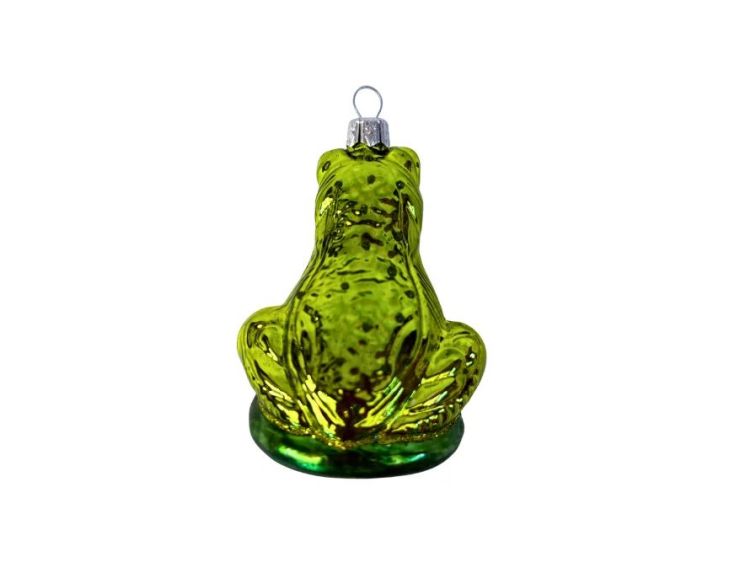 Suspension grenouille verte brillante assise nénuphar verre soufflé peint à la main yeux turquoise ventre argenté H8cm